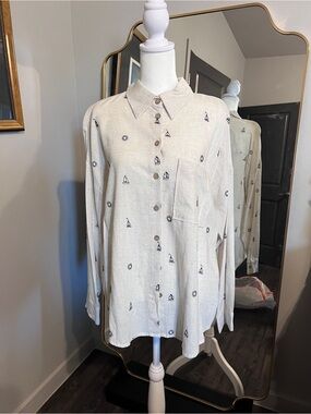 Cream Nautical-Print Long Sleeve Button-Down Shirt